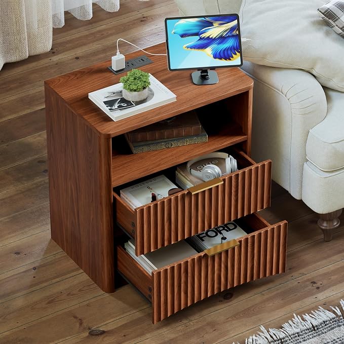 Evermagin Fluted Nightstand Set of 2 with Charging Station, Walnut Bedside Table with 2 Drawers, Wood End Table with Storage Mid Century Modern, Large Night Stand for Bedroom - Image 6