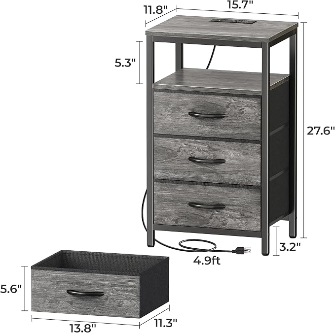 Huuger Nightstand with Charging Station, 27.6 Inch End Table Bedside Table with USB Ports and Outlets, Night Stand for Bedroom, Fabric Drawers, Grey - Image 2