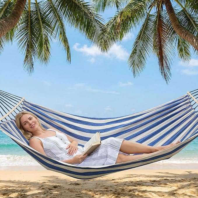 Anyoo Garden Cotton Hammock Comfortable Fabric Hammock with Spreader Bar Sturdy Hammocks Up to 450lbs Portable Lightweight Hammocks with Travel Bag for Camping Outdoor/Indoor Patio Backyard - Image 5