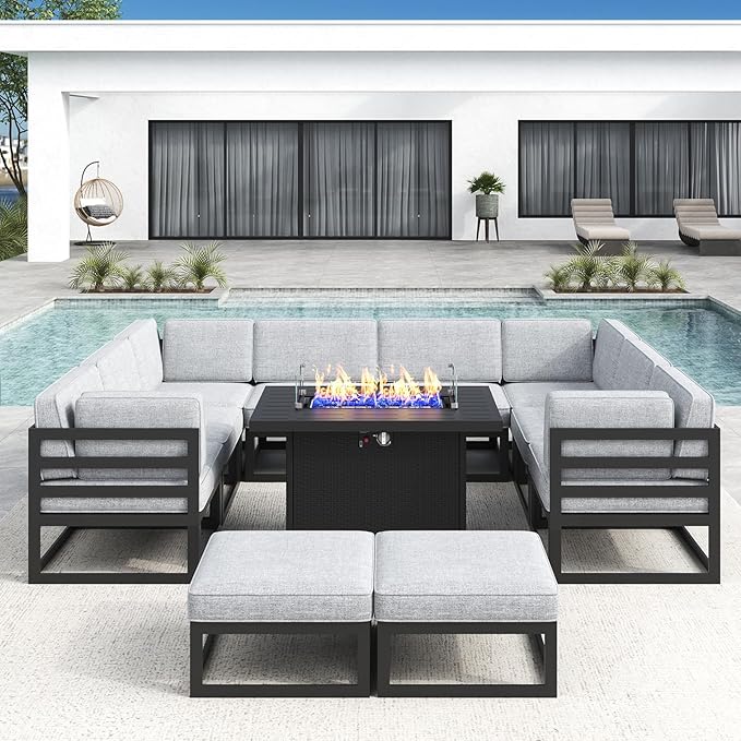 LayinSun Large Aluminum Patio Furniture Set with Fire Pit Table, 11 Pieces Modern Outdoor Conversation Set Sectional Metal Sofa Set with Olefin Cushion