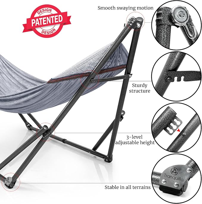 Tranquillo Universal Double Hammock with Stand Included for 2 Persons/Foldable Hammock Stand 600 lbs Capacity Portable Case - Inhouse, Outdoor, Camping, Grey - Image 4