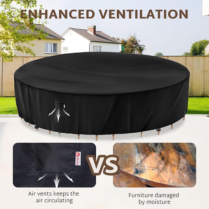 iBirdie Round Patio Furniture Cover 120 x 34 inch, 10 ft, Outdoor Waterproof and Weatherproof for Garden Table and Chairs, Heavy Duty 600D, fit 120, 118, 116, 115 Diameter - Image 7