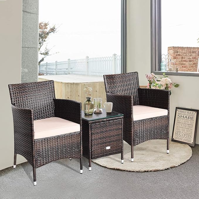 HAPPYGRILL 3 Piece Patio Set Wicker Rattan Furniture Set Outdoor Rattan Conversation Set with Coffee Table Chairs & Thick Cushions Bistro Sets for Patio Garden Lawn Backyard Pool