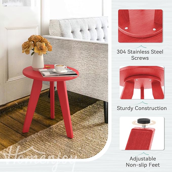 HDPS Outdoor Side Table, Small Round Side Table Weather-Resistant, Outdoor Side Tables for Patio, Porch, Deck, End Table for Plant Stand, Living Room, Bedroom, Red - Image 5
