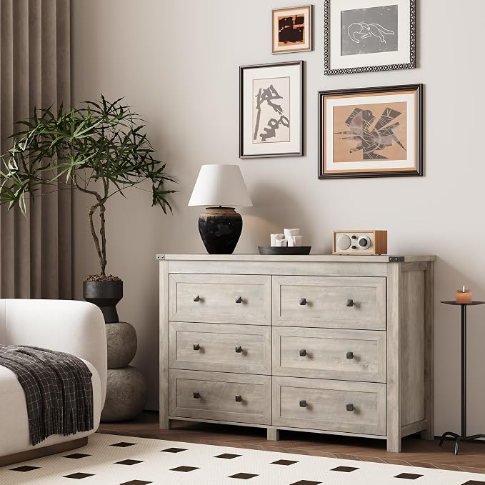 Dresser for Bedroom with 6 Drawers, Farmhouse Wood Chest of Drawers, Wide TV Stand Closet Storage Furniture with Metal Handle, Modern Clothes Organizer for Hallway, Living Room, Entryway, Light Grey - Image 2