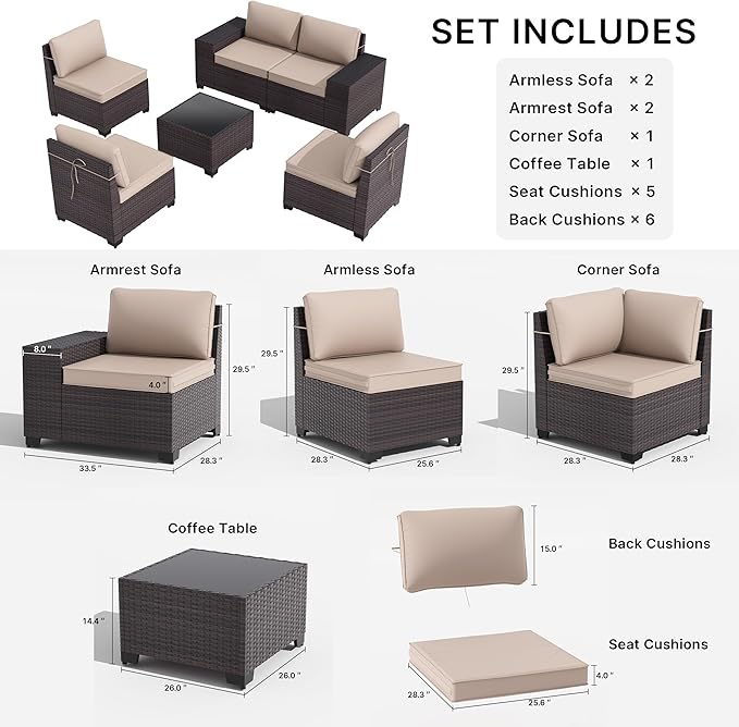 Gotland 6 Pieces Patio Furniture Set with 1 Coffee Table, 5 Seater Rattan Outdoor Sectional with Wide Armrests 29.5'' High Backrest Thick Waterproof Cushions, Conversation Sets for Deck Garden Khaki