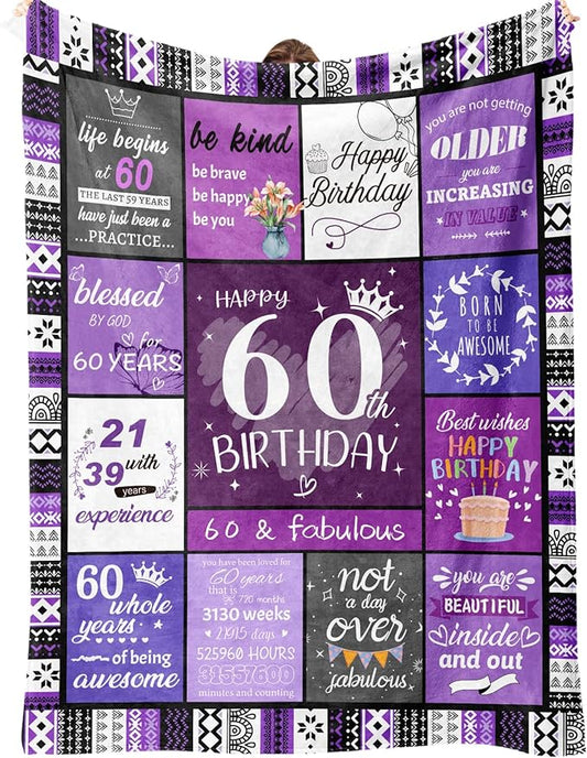 60th Birthday Gifts for Women, 60 Year Old Birthday Gifts for Women, Happy 60th Birthday Gift Decorations, Present for 60 Year Old Woman, 1965 Bday Present for Mom Grandma - 60 Bday Blanket 60”x50”