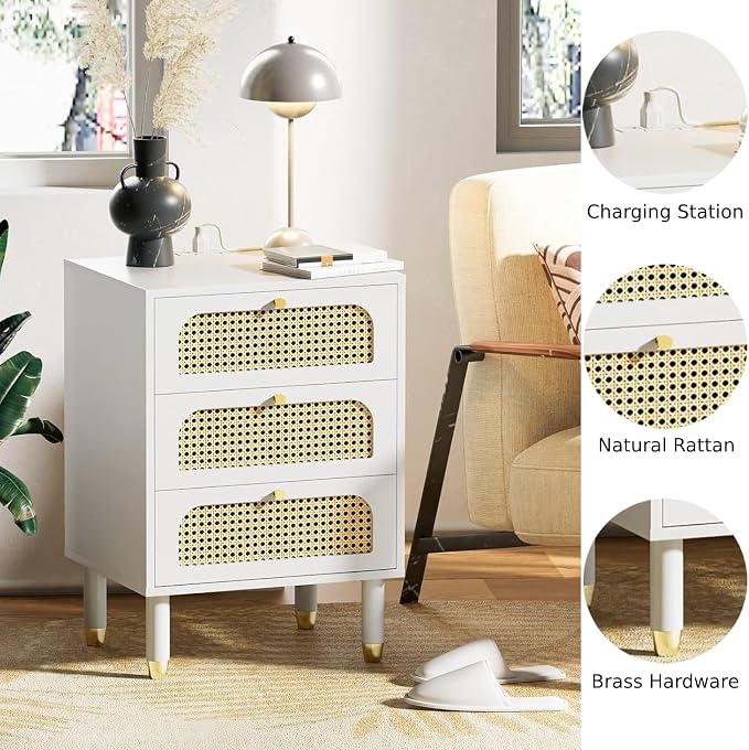 VINGLI Rattan Nightstand with Charging Station, 27" Tall White Nightstand with 3 Drawers for Bedroom, Boho Mid Century Modern Bed Side Table/End Table (White, 1 Pack) - Image 4
