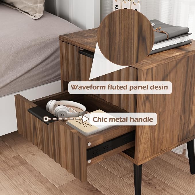 JOMEED Solid Wood Nightstand with 2 Fluted Drawers & Adjustable Shelf, Multi-Use Bedside Table, End Table for Bedroom, 15.74" D x 17.71" W x 21.65" H, Walnut - Image 3