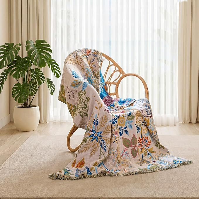 Boho Throw Blanket - 100% Cotton Throw Blankets for Bed Couch, 60"x80" Soft Muslin Lightweight Spring Throw Blanket, Cozy Floral Plant Printed Bohemain Bedding Decor Green Throw Quilt