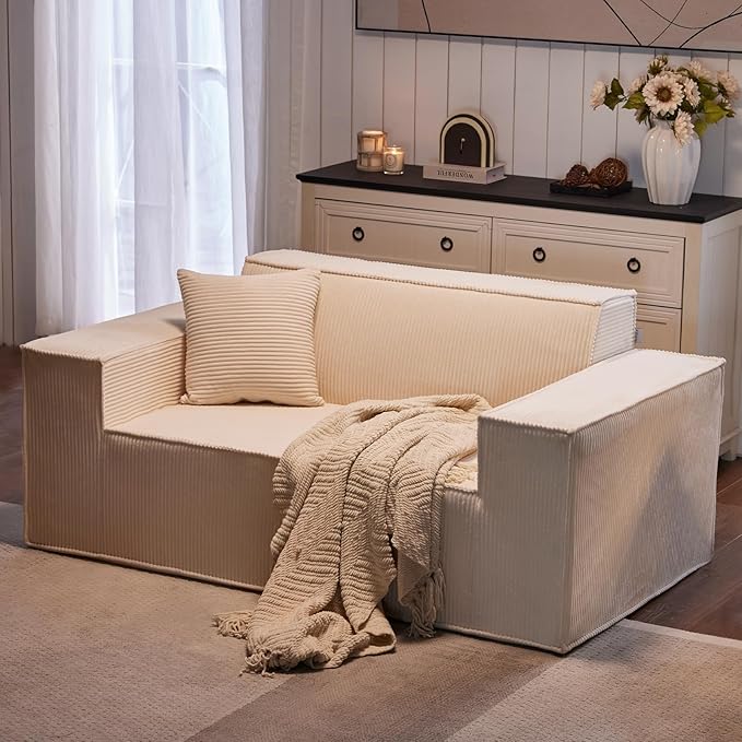 Corduroy Cloud Couch with Pillow, Premium Memory Foam, No Assembly Required, Deep Seat Sofa in Box, Space-Saving Chair for Home, Living Room, Bedroom, Apartment, Office, Loveseat, Beige
