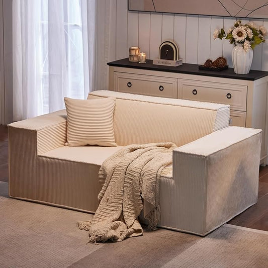 Corduroy Cloud Couch with Pillow, Premium Memory Foam, No Assembly Required, Deep Seat Sofa in Box, Space-Saving Chair for Home, Living Room, Bedroom, Apartment, Office, Loveseat, Beige