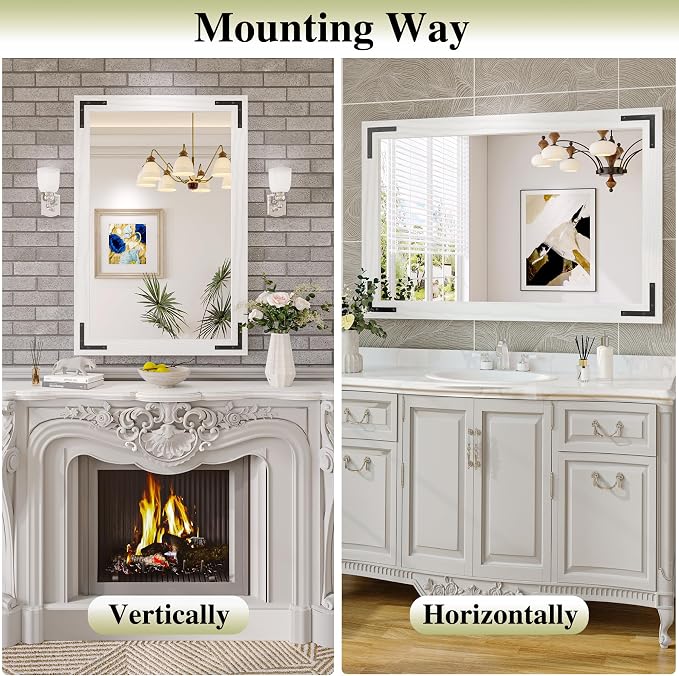 White Farmhouse Bathroom Mirror, 40x30 Inch White Wooded Framed Vanity Mirror for Wall, Rectangular Rustic Wall Decor Mirrors for Entryway Living Room Bedroom - Image 5