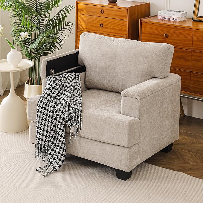 Oversized Accent Chair with Armrest Organizer,Comfy Living Room Chairs with Thick Cushion,Upholstered Linen Fabric Armchair,Big Reading Chair,Sofa Chair for Bedroom,Khaki