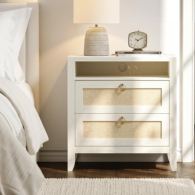 Dowinx 23.6" White Night Stand with Charging Station, 2 Drawers and Storage Shelf, Rattan Nightstands Boho, Bed Side End Tables Dresser for Bedroom, Cream White by Dowinx