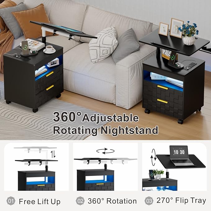 Lareth Height Adjustable Nightstand with Charging Station, LED Bedside Table 2 Drawers, Smart Wooden End Table Dorm Rolling Side Table Laptop Workstaion with Wheels for Bedroom, Black - Image 3