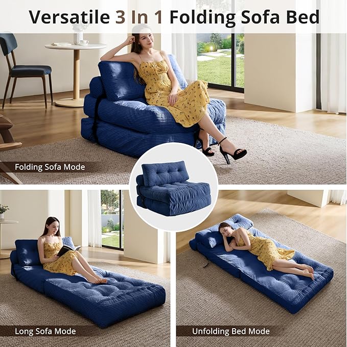 Folding Sofa Bed, Convertible Sleeper Chair with Pillow, Foldable Mattress with Back Support, Portable Floor Sofa Lounge for Living Room Bedroom Dorm