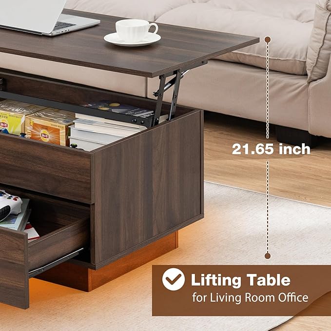 HOMMPA Lift Top Coffee Table with LED Light Morden Coffee Table with Storage High Gloss Walnut Coffee Table for Living Room Tea Table with Storage Center Tables Hidden Compartment & 2 Drawers