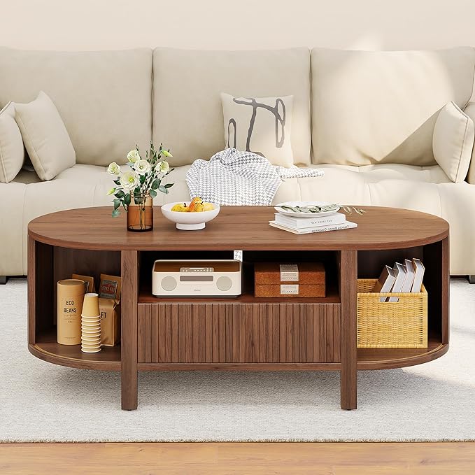 47" Oval Coffee Table, Tambour Design Coffee Tables for Living Room, Mid Century Modern Wood Coffee Table, 3-Tier Accent Center Table with Storage, Large Drawer, Walnut