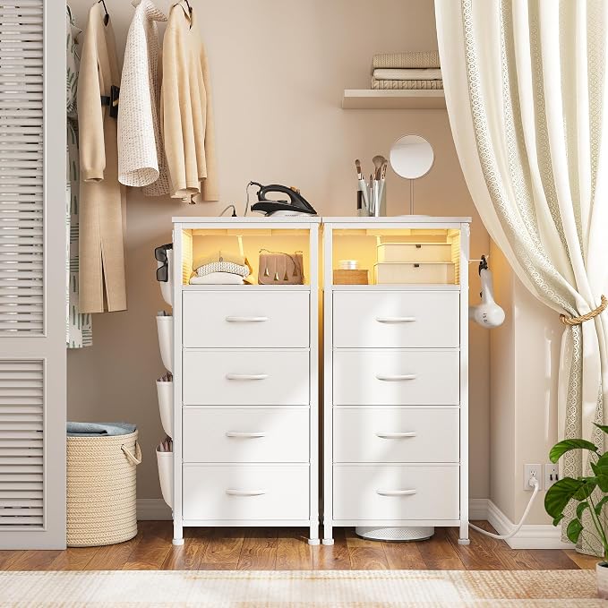 White Nightstand Set of 2,LED Night stand with Charging Station,Fabric Bedside Table for Bedroom, Hallway, Entryway, Living Room, Closet, Sturdy Steel Frame, Wood Top, Cloth Bags, Hooks, White - Image 4