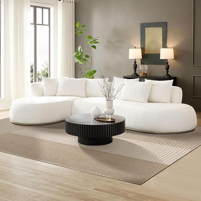 KEIKI 135" L-Shaped Oversized Boucle Sectional Sofa with Left Chaise, Modern 5-Seater Polyester Curved Couch with PU Leather Base & 6 Decorative Pillows, No Assembly Required, for Living Room, Beige