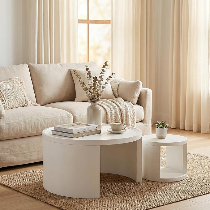 Round Nesting Coffee Table Set of 2, White Coffee Table, 31.5" Large & 18" Small Low Tables with Wood Top, Center Table for Living Room, Bedroom, Minimalist Center Table Set