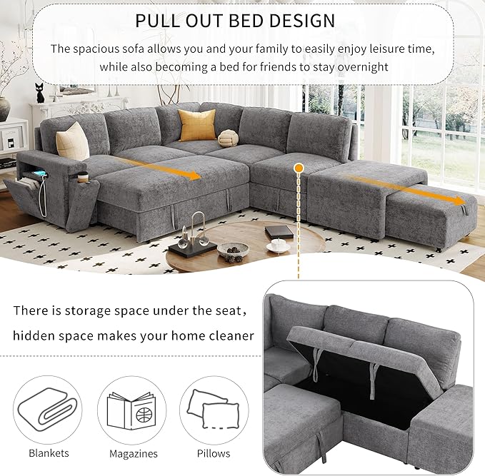 Ball & Cast 90.6" Convertible Sectional Couches Fabric Sofa Set with Pull Out Bed,L-Shaped Modular Padded Cloud w/Storage Space and USB Ports & Cup Holders on The Armrests,for Living Room,Gray