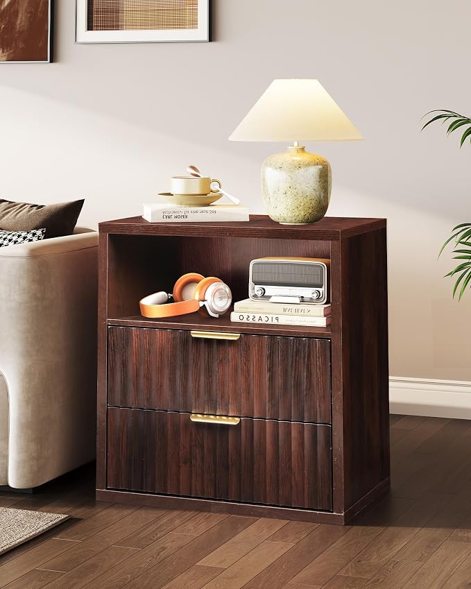 WLIVE Fluted Night Stand Set 2, Wood Nightstands Sets of 2 with Storage Drawers and Open Shelf, Mid Century Modern Bed Side Tables for Bedroom, Dorm, Espresso - Image 4