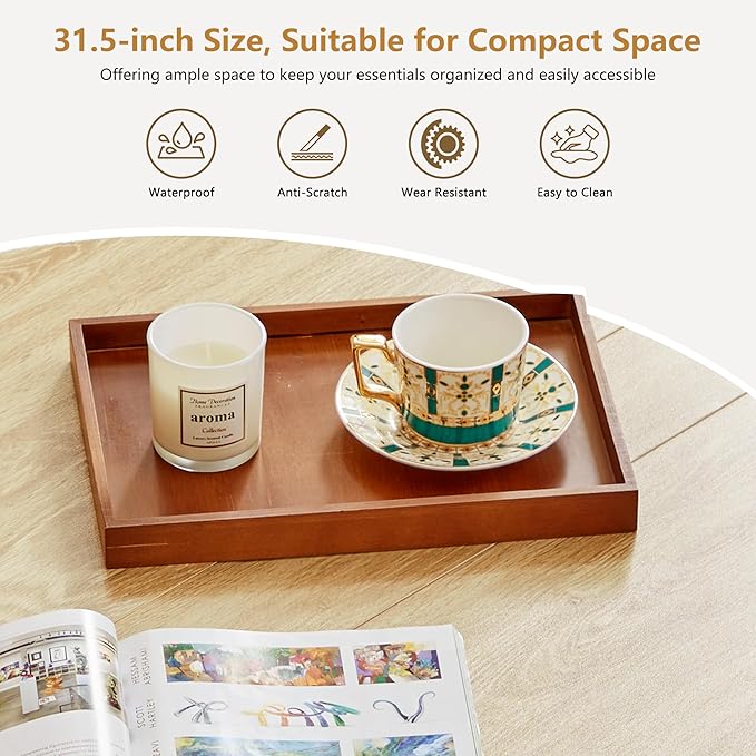 33" Round Coffee Table with Lift-Top & Flip-Top Storage, Modern Accent Fluted Coffee Tables with Metal Frame, Wooden Circle Center Table for Living Room Small Space Apartment Office (Natural)
