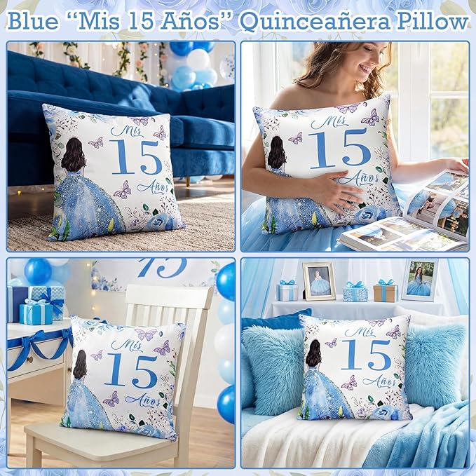 Kathfly Cojines para 15 Años De Quinceañera Decoration 16 x 16 Inche Blue Quinceañera Pillow Gifts Mis Xv Años Throw Pillow Sweet for Daughter Sister Friend 15th Birthday Gifts