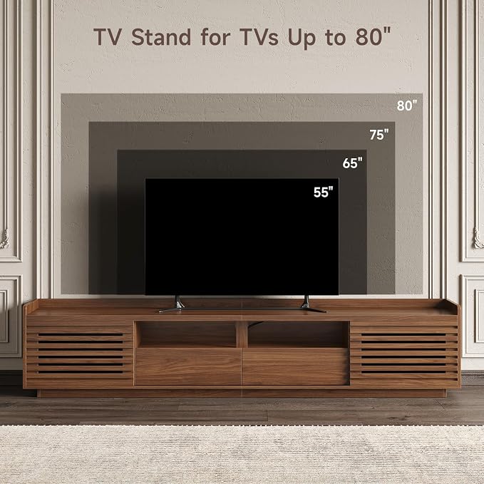 ONBRILL 78.7" TV Stand for TVs Up to 85", Mid-Century Modern Entertainment Center with Sliding Doors and Adjustable Shelves, Media Console TV Cabinet with Drawers for Living Room (Walnut) - Image 6