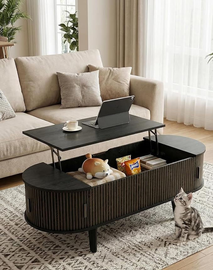 47.2" Oval Lift Top Coffee Table with Storage, Wood Fluted Coffee Table with 180° Sliding Tambour Door, Mid Century Modern Center Table for Living Room, Office, Black