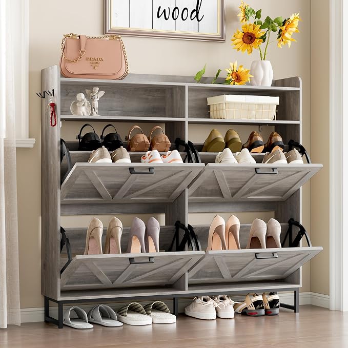 BORNOON Shoe Cabinet with 4 Flip Drawers Narrow Shoe Storage Cabinet Organizer Wooden Freestanding Shoe Rack Hidden Slim Shoes Storage Cabinet for Entryway, Hallway, Living Room, Bedroom - Image 3