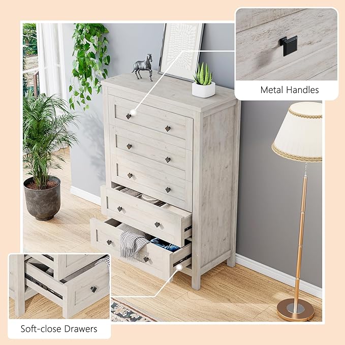 LUXOAK 4 Pieces Farmhouse Bedroom Set, 1 X Wood Rustic 6 Drawer Storage Dresser, 1 X 5 Drawer Dresser, Nightstand Set of 2 with Charging Station, Farmhouse Bedroom Furniture Set, Rustic White