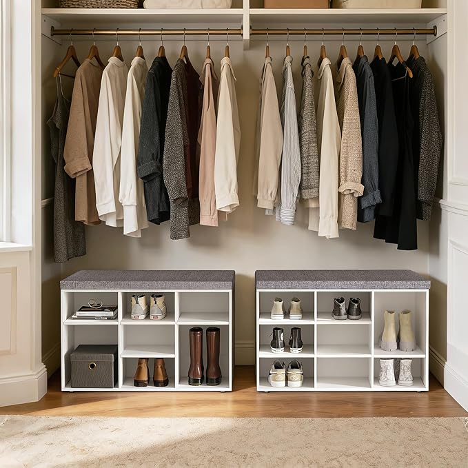 DINZI LVJ Shoe Storage Bench with Cushion, Cubby Shoe Rack with 9 Cubbies, Adjustable Shelves, Multifunctional Shoe Organizer Bench for Entryway, Mudroom, Hallway, Closet and Garage, White - Image 7