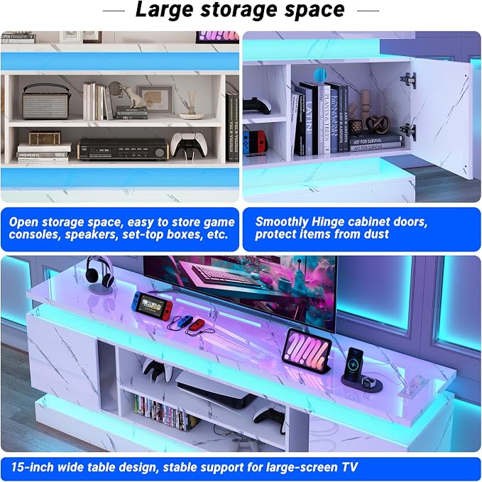 chartustriable 71IN LED TV Stands w/Power Outlet for 85/80/75 Inch TVs,High Glossy Modern Tall Entertainment Center TV Media Console Gaming with 2 Storage Cabinets,Dual LED Lights,White Marble - Image 4