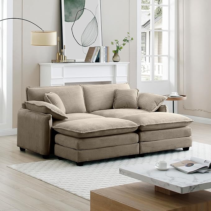 KEIKI 81" Oversized Corduroy Modular Sectional Loveseat Sofa with 2 Ottoman, High-Density Foam Cushions, Removable Armrests, Upholstered 2-Seater Corner Couch with 4 Pillow, for Living Room, Tan