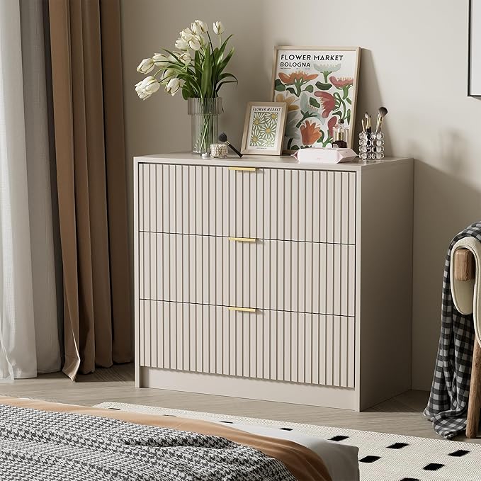 Furniway Beige Dresser Bedroom Set 3 Pieces, Nightstands Sets of 2, 5 Drawer Dresser with Gold Handles for Bedroom