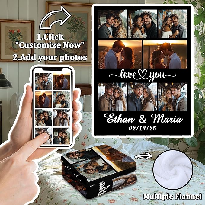 Personalized Photo Blanket with Name, Custom Valentine's Blanket with Pictures for Boyfriend Girlfriend, Customized Birthday Christmas for Husband Wife Men Women