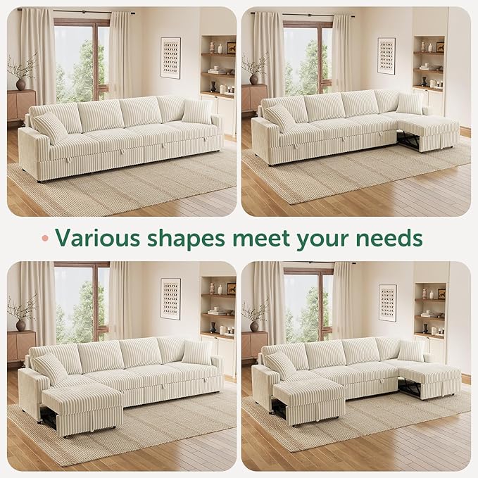 HONBAY 121.3 Inch Modular Sectional Sleeper Sofa with Pull Out Bed, Convertible L & U Shaped Couch with Storage & Adjustable Backrest, Velvet White