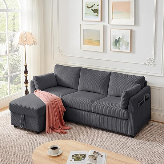 79" L Shaped Couch with Storage Ottoman, 3 Seater Corduroy Sofa with 2 Pillows and Storage Pockets, Convertible Small Couches for Living Room, Apartment, Small Spaces, Home Office, Grey