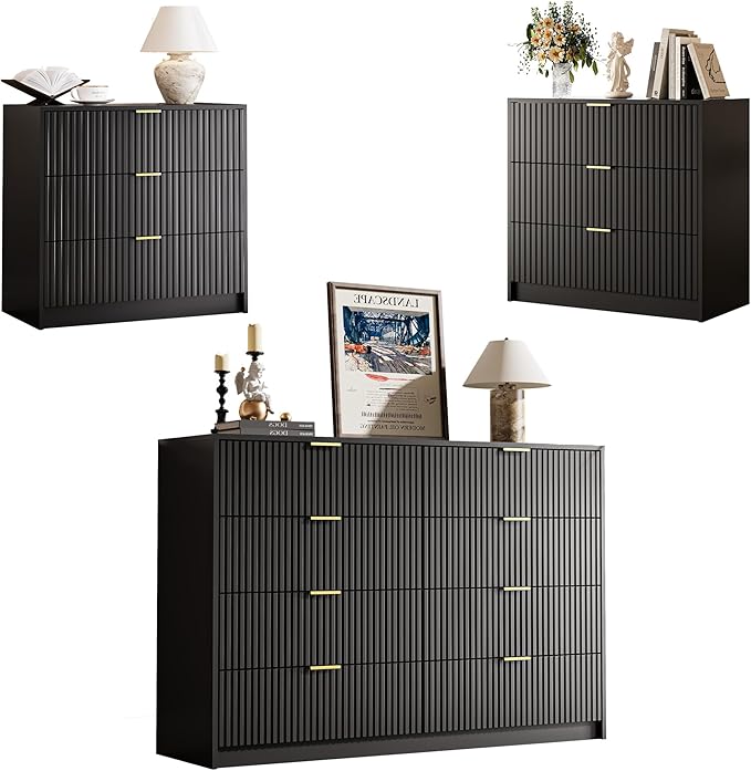 MAISONARIA 3-Piece Dresser Bedroom Set, 8 Drawer Dresser & 3 Drawer Nightstands with Gold Handles, Fluted Wood Chest of Drawers for Bedroom, Living Room, Entryway, Black