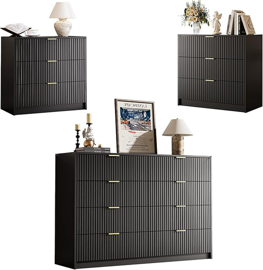 MAISONARIA 3-Piece Dresser Bedroom Set, 8 Drawer Dresser & 3 Drawer Nightstands with Gold Handles, Fluted Wood Chest of Drawers for Bedroom, Living Room, Entryway, Black