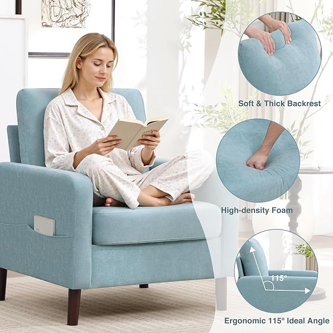 Accent Chair for Living Room, Modern Reading Chair for Bedroom, Upholstered Armchair with Wood Legs and Side Pockets, Single Sofa Side Chair for Office, Small Room, Apartment, Teal Green
