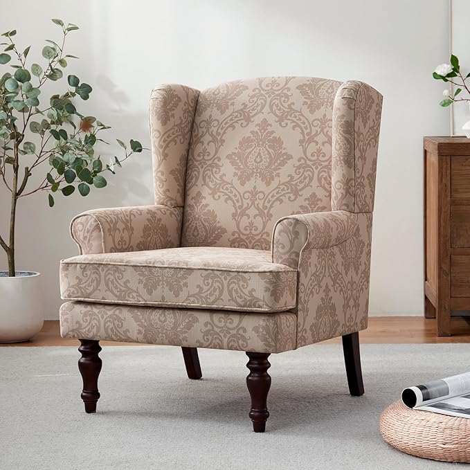 HUIMO Printed Wingback Accent Chair, Linen Upholstered High Back Armchair, Comfy Reading Chair for Living Room Bedroom Study, 300lbs Weight Capacity (1, Brown Floral)