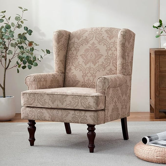 HUIMO Printed Wingback Accent Chair, Linen Upholstered High Back Armchair, Comfy Reading Chair for Living Room Bedroom Study, 300lbs Weight Capacity (1, Brown Floral)