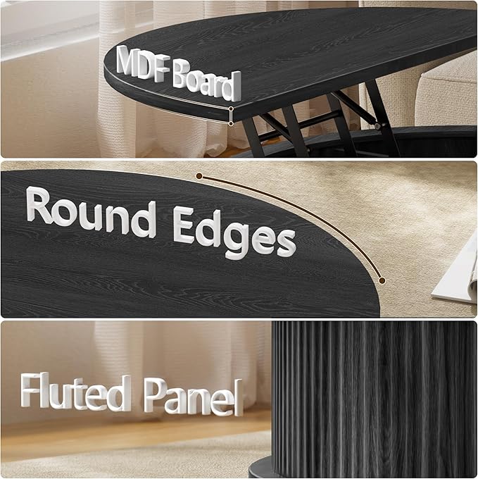 Round Lift Top Coffee Table, 31.5" Fluted Wood Accent Coffee Table with 180° Curved Sliding Door, Hidden Storage, Mid Century Modern Center Table for Living Room Office Small Spaces, Black