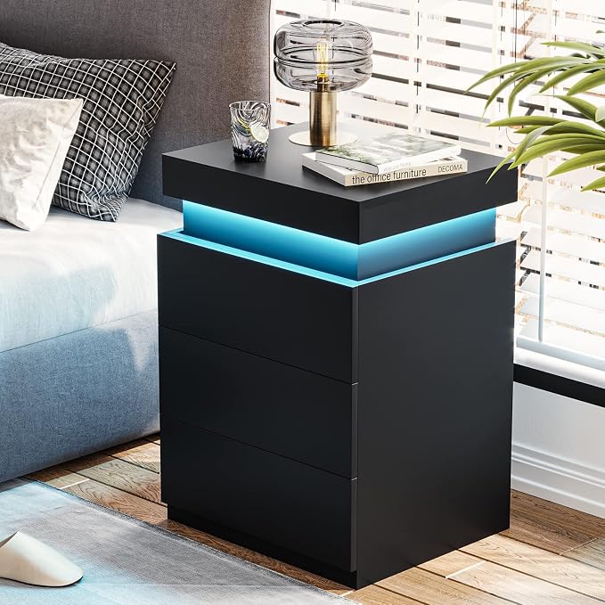ADORNEVE Nightstand with Charging Station and LED Lights,Night Stand with Sliding Top,Bedside Table with Drawers,Modern End Side Table for Bedroom,Black - Image 4