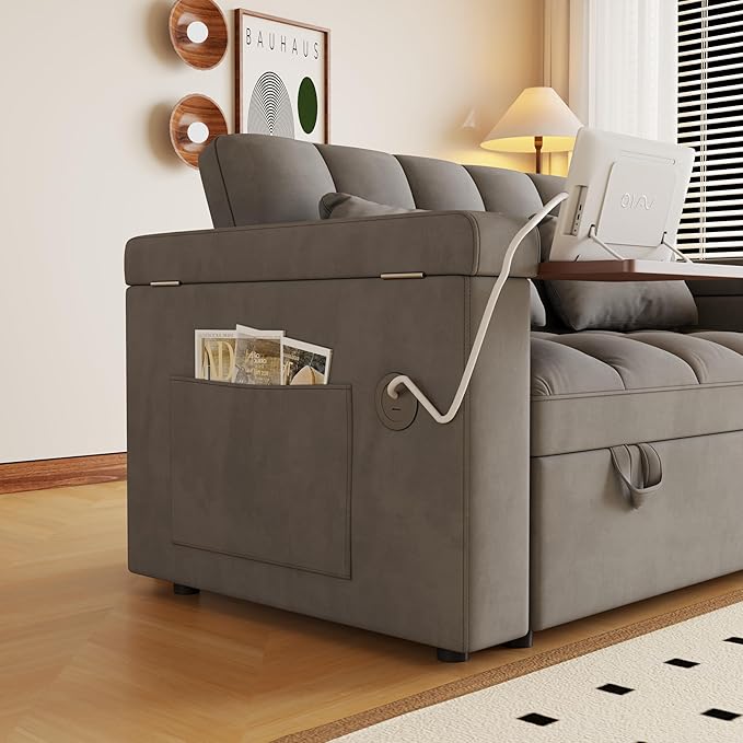 Convertible Sofa Bed, 5-in-1 Pull Out Couch with Side Table, Loveseat Sleeper Sofas Bed Couch with USB Port, 65‘’ Velvet Pull Out Sofa Beds for Living Room, Bedroom, Apartment