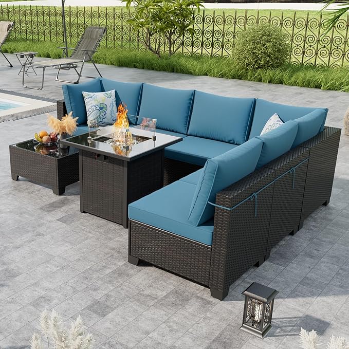 8 Piece Outdoor Patio Furniture Set with Fire Pit Table, Wicker Sectional Sofa Set with Thick Cushions, Perfect for Garden Lawn Pool or Backyard, (Brown/Peacock Blue)